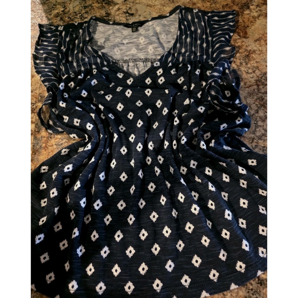 Love Stitch Women's Boho Peasant Dress Navy Blue White Print V Neck Flowy A-Line